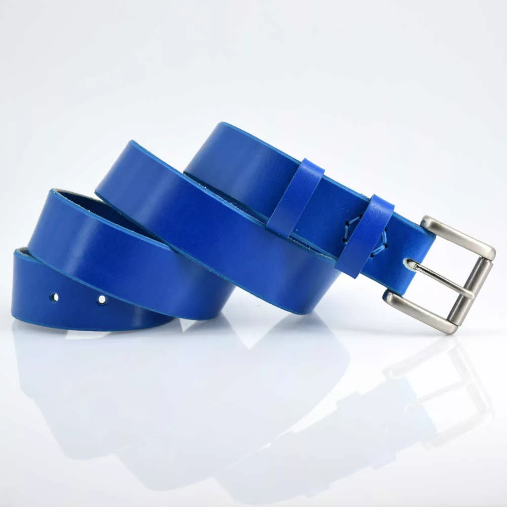 Ceinture en cuir bleu à rouleau "Paul" - larg. 3,5 cm